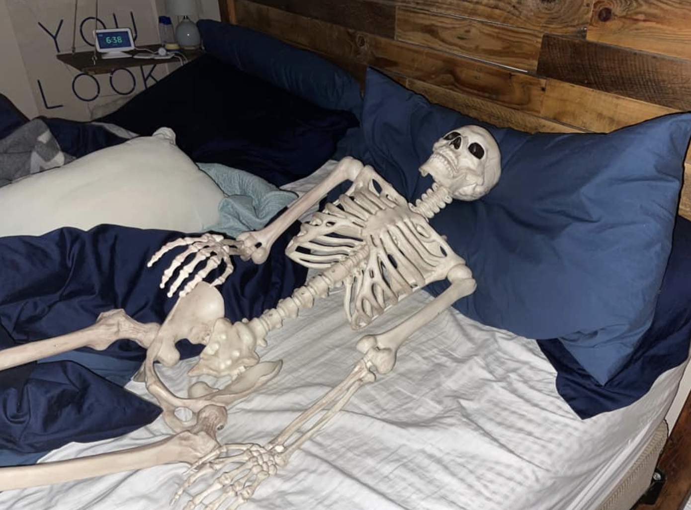 Skeleton in bed April Fools Day prank